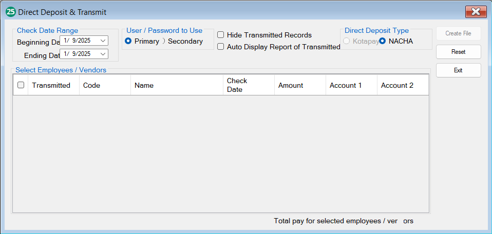 Transmit direct deposit screen